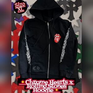 Chrome Hearts x Rolling Stones Full Zip Black Hoodie w/ Red Tongue Logo Size XL